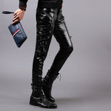 Men Leather Pants Autumn and Winter New Slim-Fitting Biker Feet Pu Stitching Leather Pants