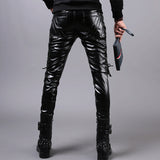 Men Leather Pants Autumn and Winter New Slim-Fitting Biker Feet Pu Stitching Leather Pants