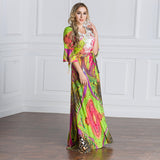Muslim Women Stylish Kashibo Abaya Muslim Ladies Long Gown Islamic Clothing Jilbab Jalabiya Fashion Round Neck Shirt with Half Sleeve Embroidery Loose Long Dress