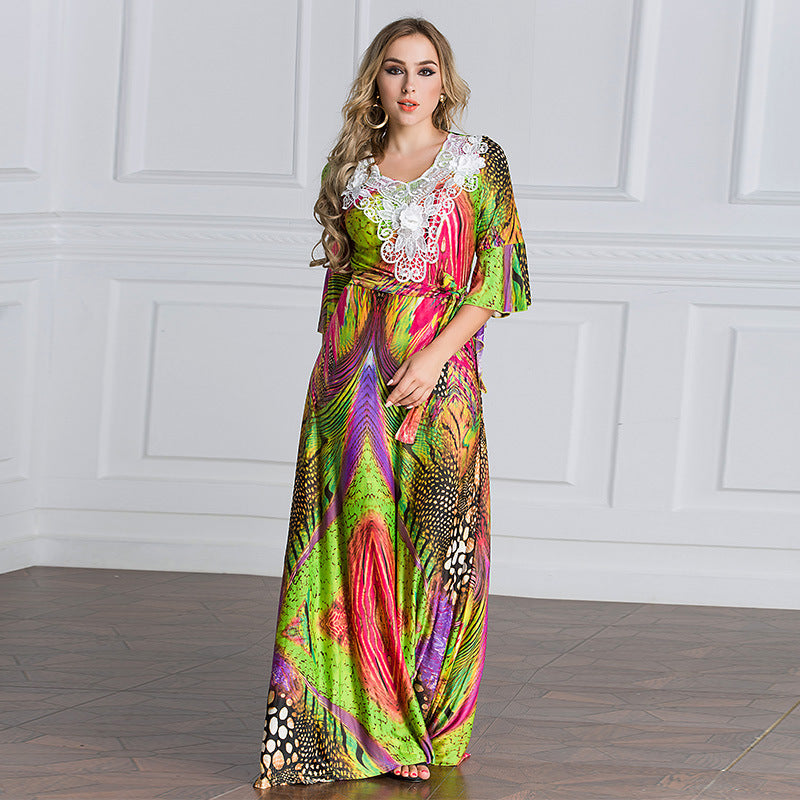 Muslim Women Stylish Kashibo Abaya Muslim Ladies Long Gown Islamic Clothing Jilbab Jalabiya Fashion Round Neck Shirt with Half Sleeve Embroidery Loose Long Dress