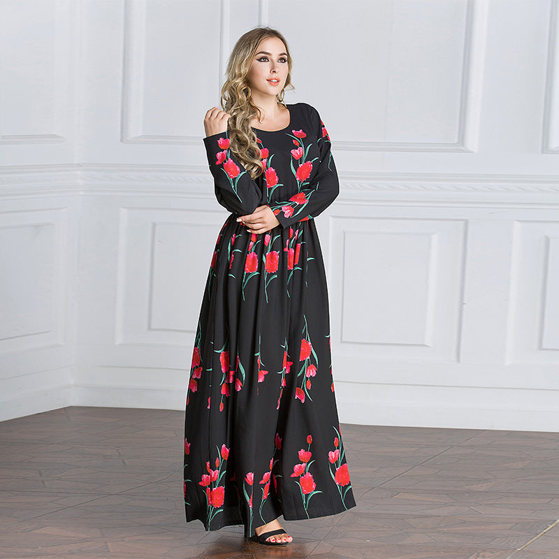 Muslim Women Stylish Kashibo Abaya Muslim Ladies Long Gown Islamic Clothing Jilbab Jalabiya Fashion Rose Print Robe Dress
