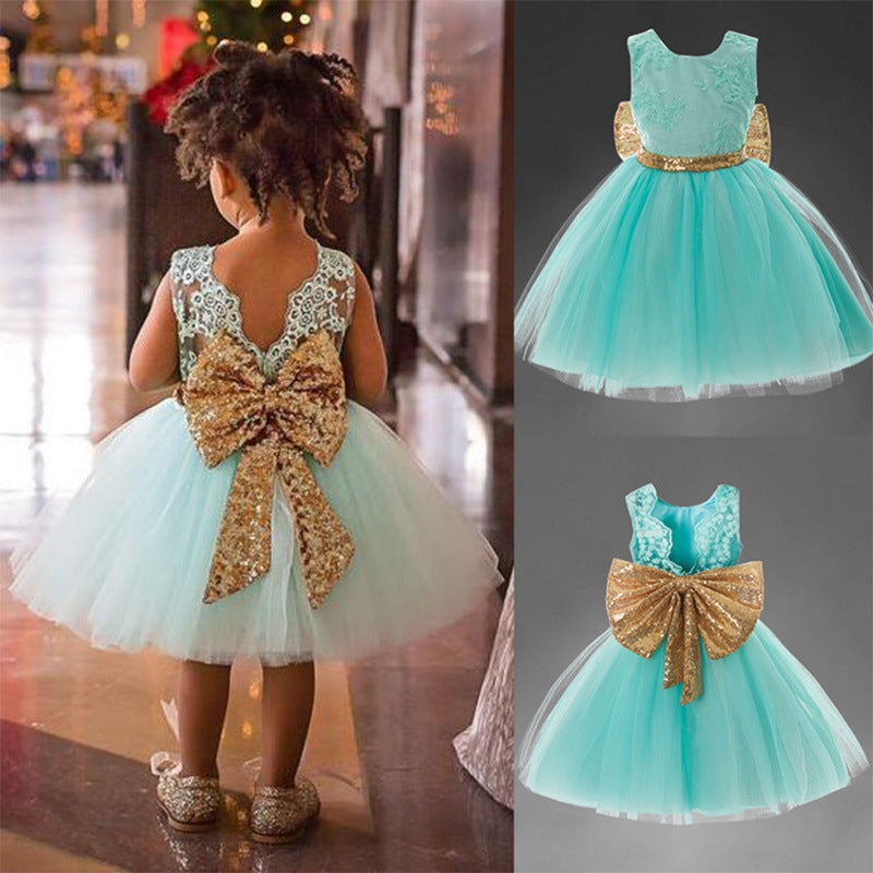 Toddler Girls Sequin Gown Dress Bow Children Shirt Girls Wedding Dress Lace Princess Dress