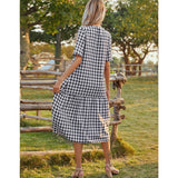 Gingham Dress Spring/Summer Sexy V-neck Short Sleeve Plaid Stitching Long Dress Women