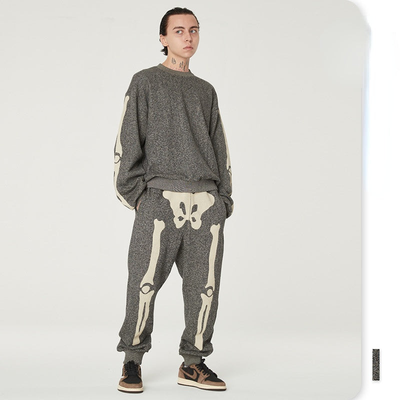 Bone Varsity Jacket Men's Clothing Autumn and Winter round Neck Loose Men's Retro