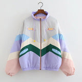 Baggy Jacket Color Matching Embroidered Neckline Cotton-Padded Coat for Women