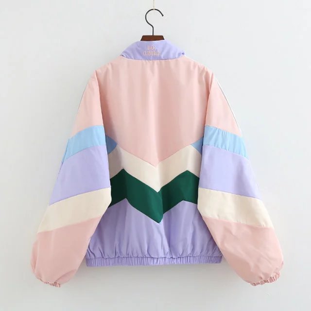 Baggy Jacket Color Matching Embroidered Neckline Cotton-Padded Coat for Women