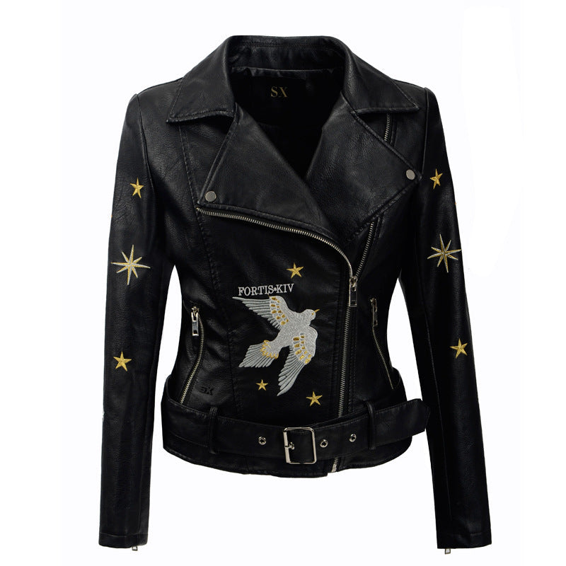 Leather Biker Coat Gothic Leather Jacket Women Pu Jackets Embroidery Short Lapel Motorcycle Jacket