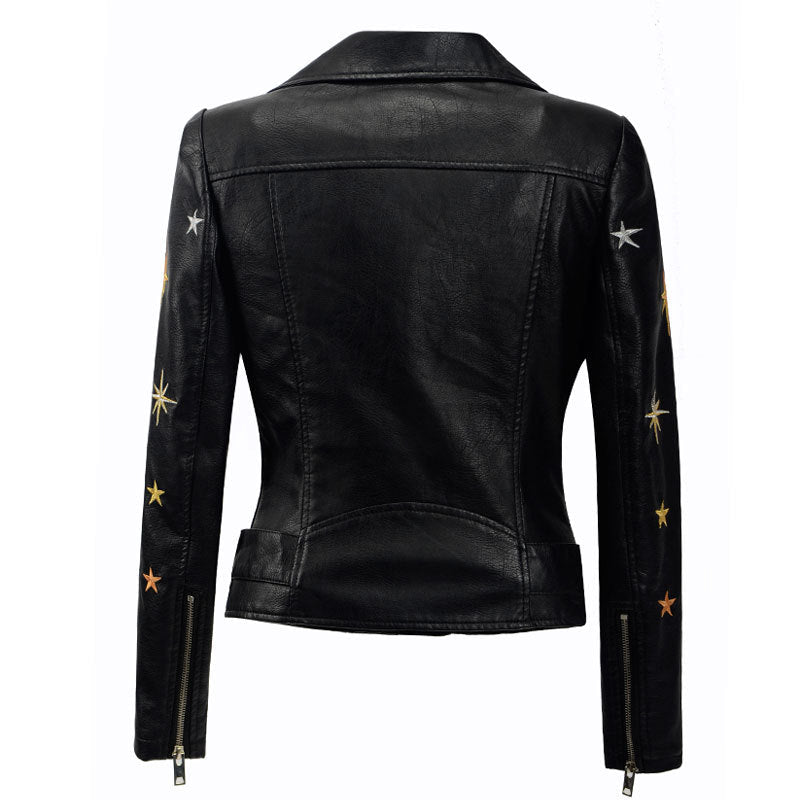 Leather Biker Coat Gothic Leather Jacket Women Pu Jackets Embroidery Short Lapel Motorcycle Jacket