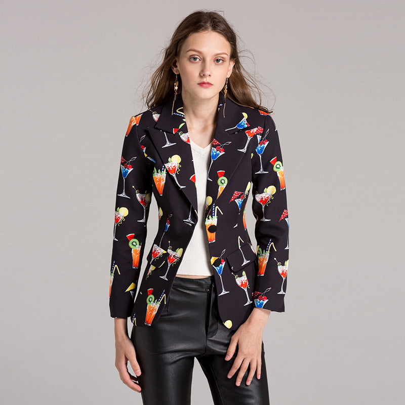 Boyfriend Floral Blzer Autumn and Winter Catwalk Printing Lapel Long Sleeve Jacket
