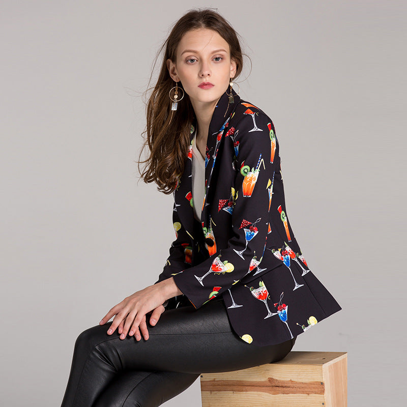 Boyfriend Floral Blzer Autumn and Winter Catwalk Printing Lapel Long Sleeve Jacket