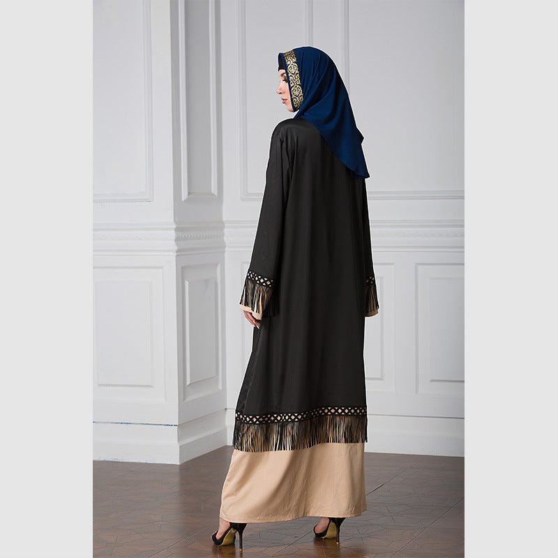 Muslim Women Stylish Kashibo Abaya Muslim Ladies Long Gown Islamic Clothing Jilbab Jalabiya Tassel Lace Stitching Fashion Long Skirt Zipper Cardigan