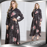 Muslim Women Stylish Kashibo Abaya Muslim Ladies Long Gown Islamic Clothing Jilbab Jalabiya Autumn Winter Chiffon Long Sleeve Printed Waist-Controlled Large Swing Dress