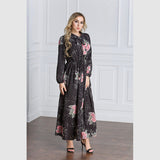 Muslim Women Stylish Kashibo Abaya Muslim Ladies Long Gown Islamic Clothing Jilbab Jalabiya Autumn Winter Chiffon Long Sleeve Printed Waist-Controlled Large Swing Dress