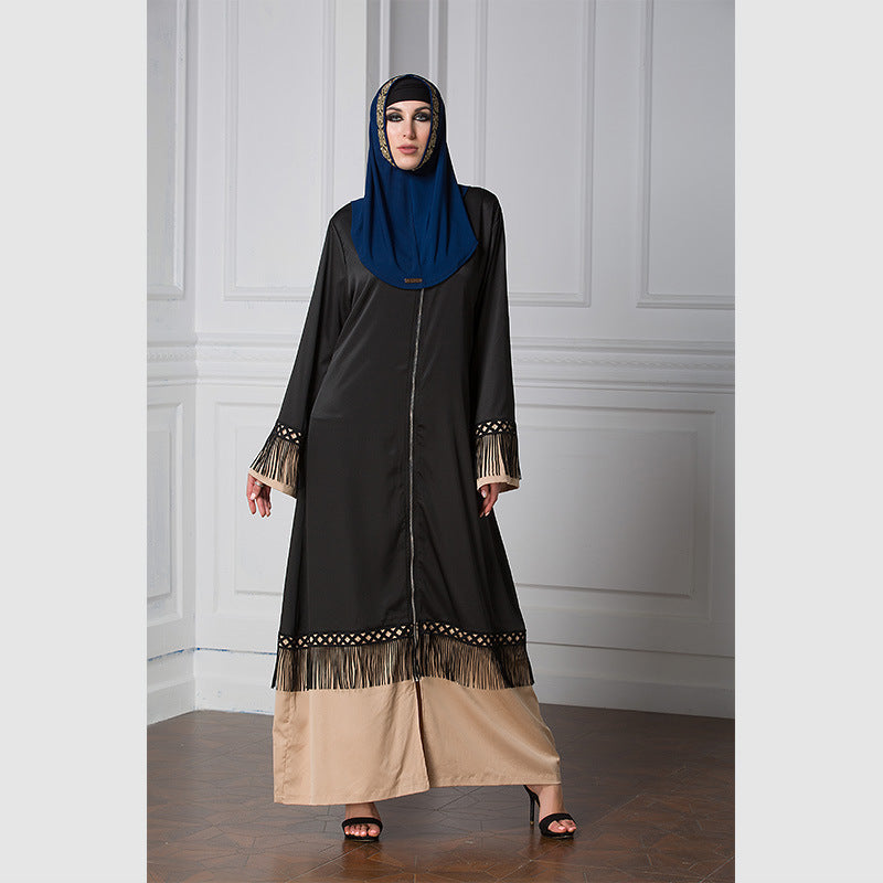 Muslim Women Stylish Kashibo Abaya Muslim Ladies Long Gown Islamic Clothing Jilbab Jalabiya Tassel Lace Stitching Fashion Long Skirt Zipper Cardigan