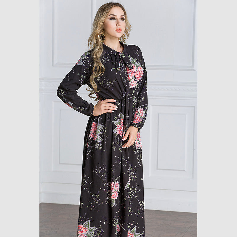 Muslim Women Stylish Kashibo Abaya Muslim Ladies Long Gown Islamic Clothing Jilbab Jalabiya Autumn Winter Chiffon Long Sleeve Printed Waist-Controlled Large Swing Dress