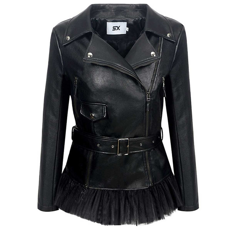 Leather Biker Coat Golden Leather Jacket Women Pu Jackets Lapel Zipper Leather Coat Slim Fit Patchwork Coat