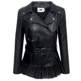 Leather Biker Coat Golden Leather Jacket Women Pu Jackets Lapel Zipper Leather Coat Slim Fit Patchwork Coat