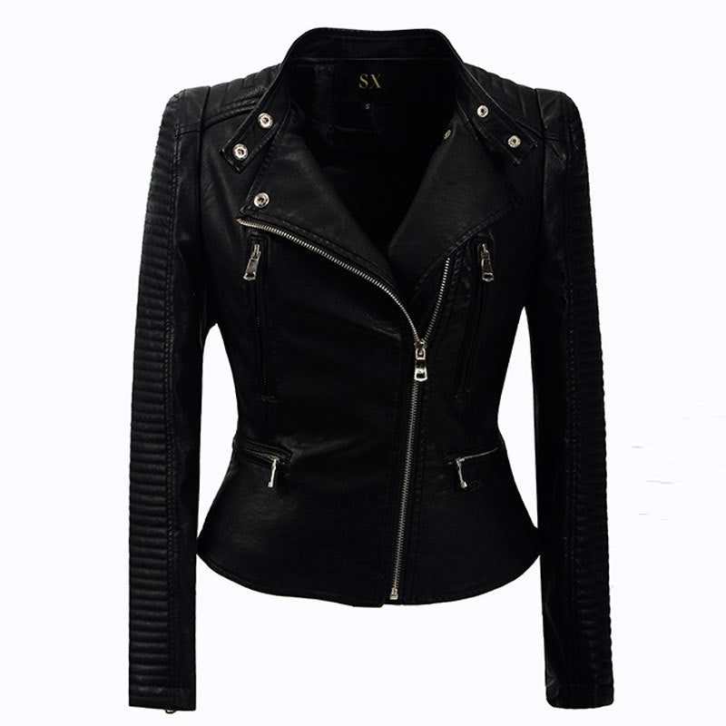 Leather Biker Coat Golden Leather Jacket Women Pu Jackets Slim Fit Waist Rinsing Machine Car Suit