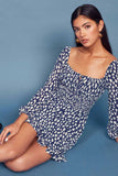 Milkmaid Dress Ruffled Retro Square Collar Puff Sleeve Blue Polka Dots Corset Dress