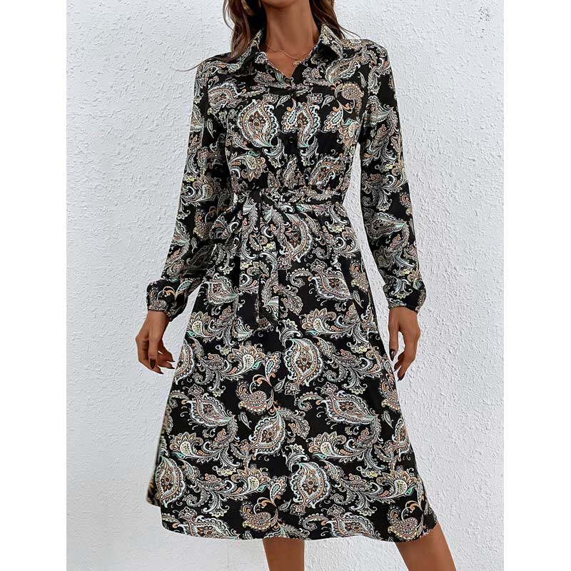 Nina Parker Graffiti Dress Printing Lapel Lace-up Long Sleeve Dress