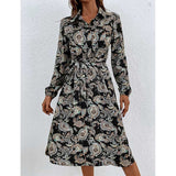 Nina Parker Graffiti Dress Printing Lapel Lace-up Long Sleeve Dress