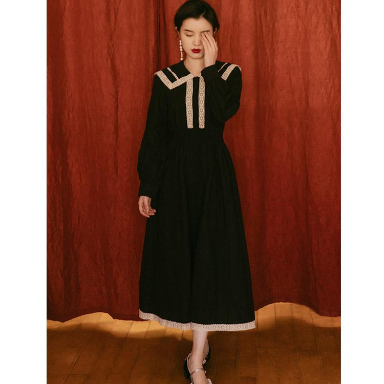 Retro Sailor Collar Black cottagecore aesthetic dress