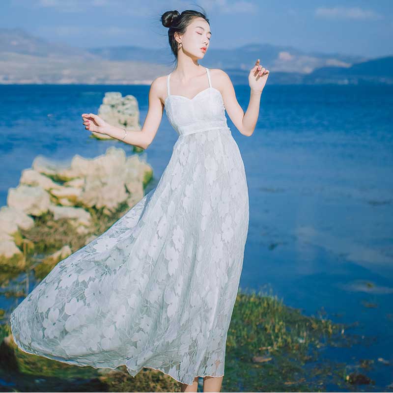Lace Embroidered Backless Suspender Dress  Bohemia Retro Vintage Cottagecore Aesthetic Flowy Victoria Cottage Core Boho Dress