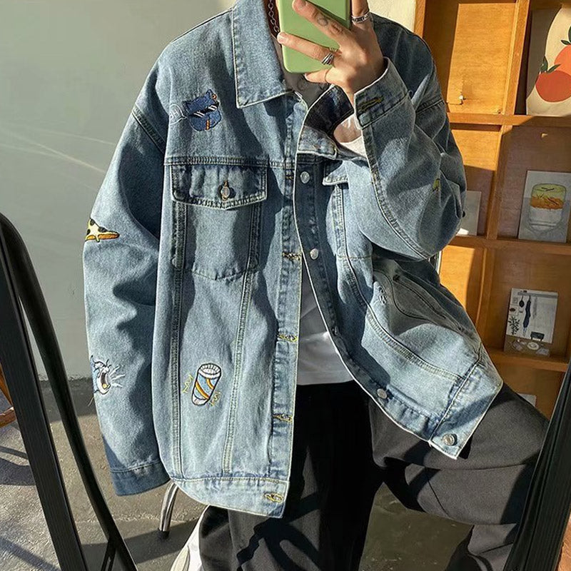 Men Denim Jacket Embroidery Denim Short Gown Men's Fall Loose Jacket