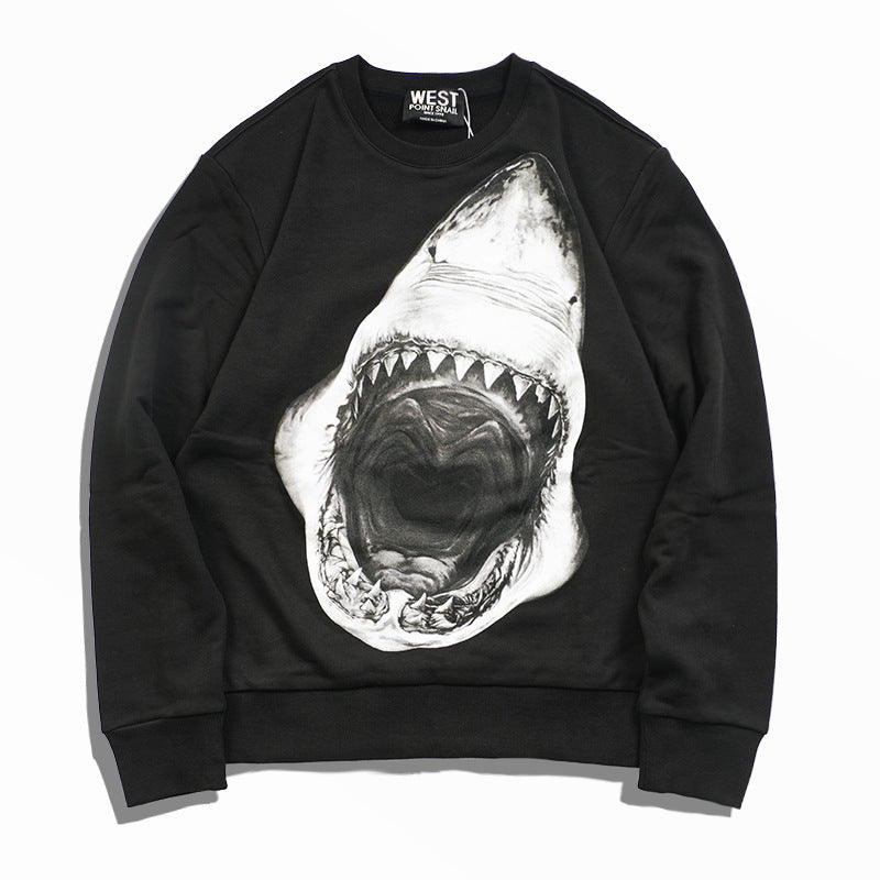 GVC Hoodie Big White Shark Pattern Cotton Round Neck Couple