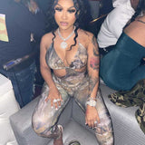 Leaf Print Sleeveless Backless Lace-up Suspender Ankle-Tied Trousers Jumpsuit