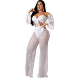 See through Pants Suit Women's Summer Hollow out Wide Leg Pants Beachwear