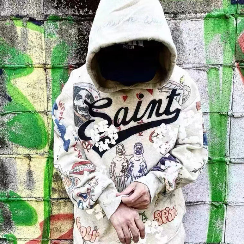 Cactus Flea Market Hoodie Graffiti Cartoon Printed Hoodie Loose Hoodie Coat
