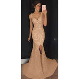 Bohemian Chic Wedding Guest Dress Sexy Deep V Camisole Gown Slim-Fit Sequined
