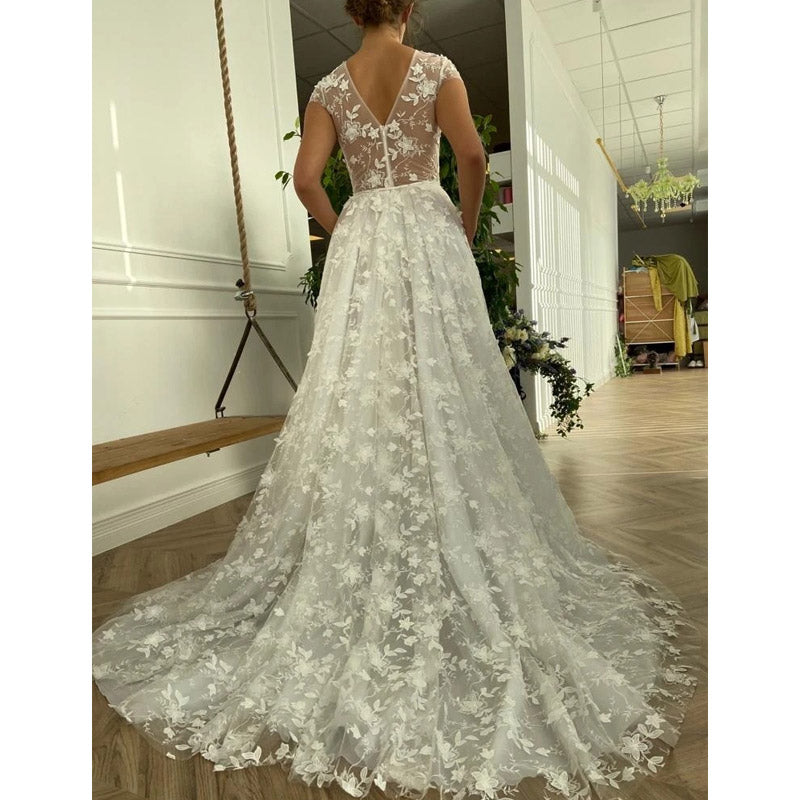 See through Wedding Dress Evening Wedding Dress Sexy Short Sleeve Wedding Gown