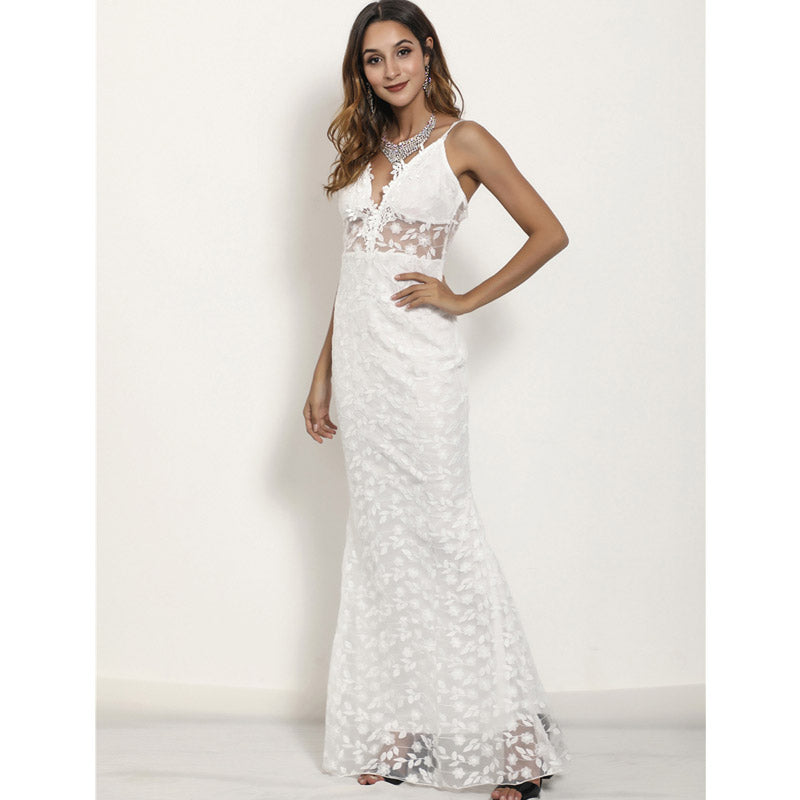 Women Lace Wedding Dress Sexy V-neck Lace Camisole Gown Long Dress