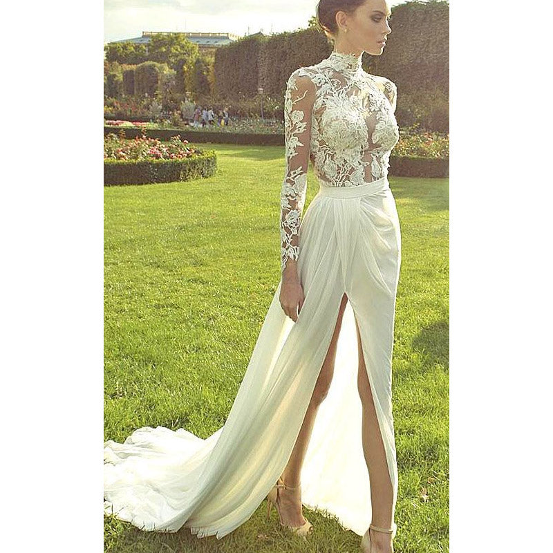 Women Lace Wedding Dress Summer Women's Dress Sexy Lace Long Sleeve See-through Dress