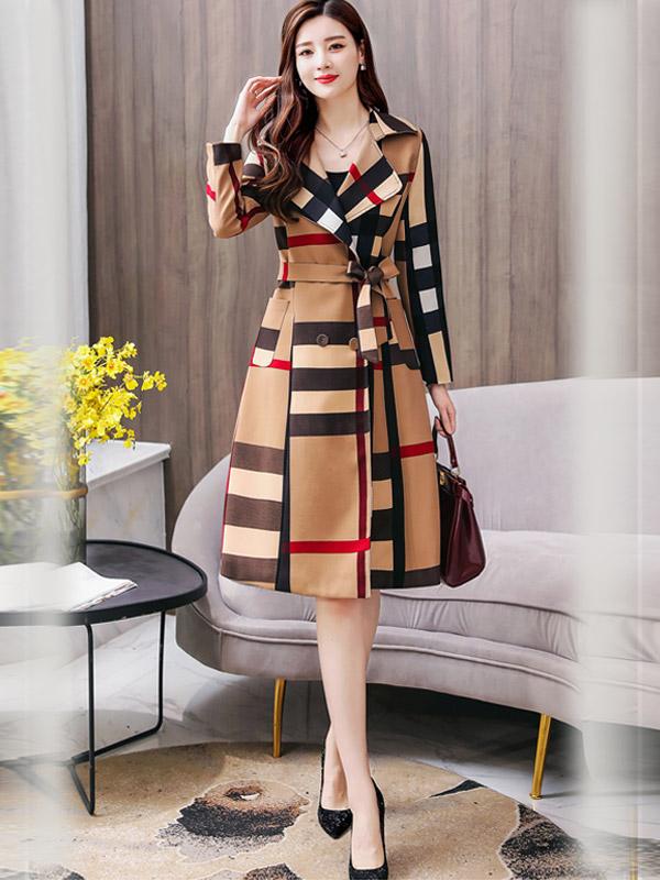 womens long color block plaid check trench coat long lapel coat maxi coat pea coat