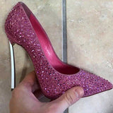 Hot Pink Heels Pointed Toe Rhinestone Metal Heel Catwalk Show High Heels