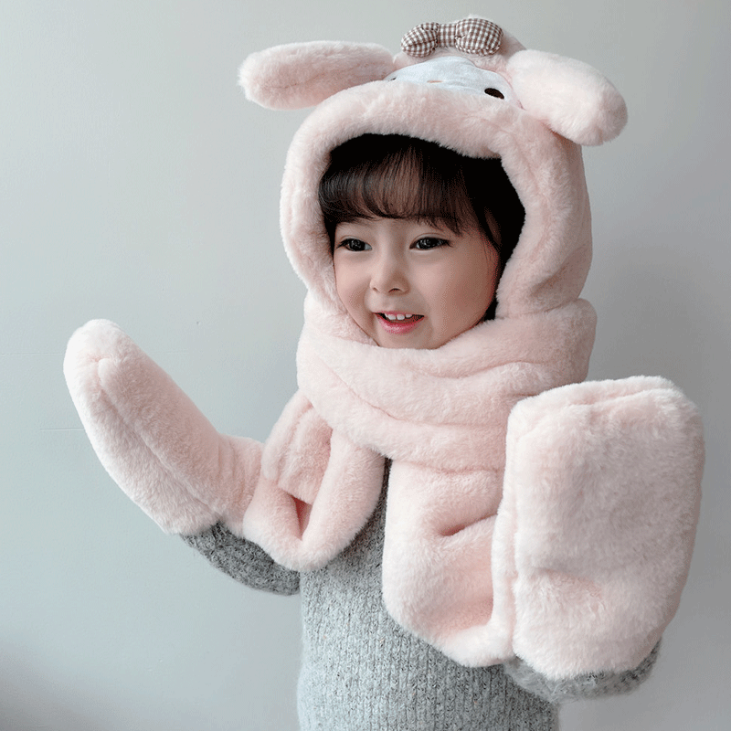 My Melody Hat Cute Cartoon Hat Scarf Gloves One-Piece Sleeve Cap StellaLou Children Autumn and Winter Plush All-in-One Warm Keeping Suit Kulomi
