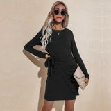 Women Fall Outfits Autumn round Neck Slimming Long Sleeves Solid Color Dress Hip Skirt