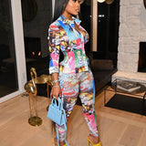 See through Pants Suit Fashion Casual Cartoon Print Element Blouse and Pants