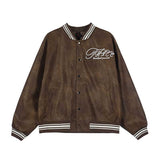 Brown Varsity Jacket Lawfoo Autumn and Winter Men's Retro Alphabet Embroidered Leather Jacket Men's Baseball Jersey