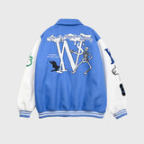 Blue Varsity Jacket Autumn Green Letters Skull Flocking Baseball Uniform Jacket Lapel Men's and Women's Coats