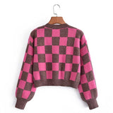 Women Fall Fall Plaid Contrast Color V-neck Pullover Sweater Short Top