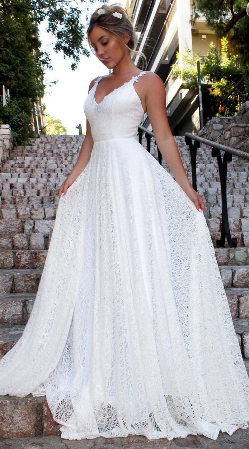 Bohemian Coachella Outfits Sexy V-neck Strap Dress Lace Gown