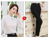 Women's Autumn Uniform Designs Formal Style Office Lady Bussiness Attire Work Suit Satin Chiffon Shirt Set