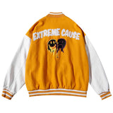 Orange Varsity Jacket Leather Sleeve Stitching Embroidered Baseball Uniform Male Stand Collar Puffer Jacket Couple Cotton Clothes