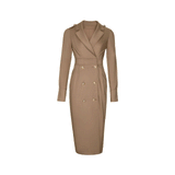 Women Spring Dress Suit Midi Dress V-neck Lapel Double Breasted Temperament High Waist Coat Dress