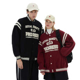 Red Varsity Jacket Autumn and Winter Letter Printing Long-Sleeved Baseball Jacket Jacket Boys Retro Couple Top Fleece-Lined