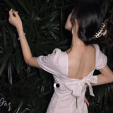 Aesthetic Dress Vintage Backless White Square-Cut Collar Women's Spring and Summer Dress